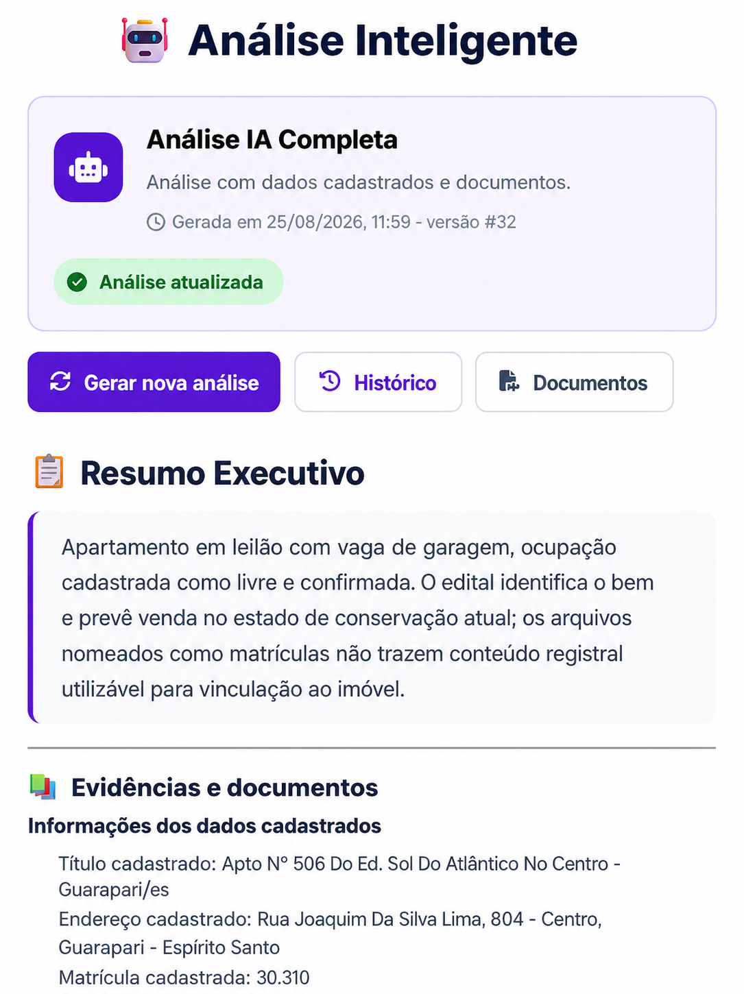 Exemplo aprimorado de Análise IA Avançada com Documentos realizada no portal Caça Leilões